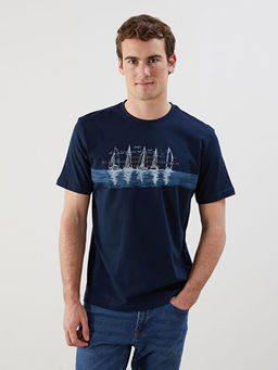 Bisiklet Yaka Bask?l? Penye Erkek Ti??rt