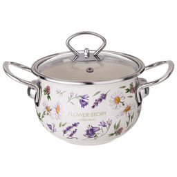 КАСТРЮЛЯ AGNESS ЭМАЛИРОВАННАЯ СО СТЕКЛЯННОЙ КРЫШКОЙ СЕРИЯ FLOWER STORY, 2,0 Л ДИА. 18СМ