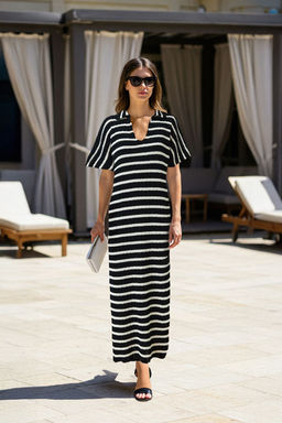 Siyah Mini Cizgili Polo Yaka Elbise TWOSS24EL00824