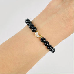 Браслет из черного Турмалина (Шерл) с перламутровой вставкой 17 см