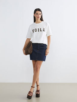 Bisiklet Yaka Bask?l? Oversize Kad?n Ti??rt