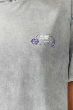 Ac?k Gri Kal?n Pamuklu Slogan Bask?l? Y?kamal? Oversize Kal?p Orme T-Shirt TWOSS24TS00200