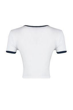 Beyaz %100 Pamuk Slogan Bask?l? Fitted/Vucuda Oturan Crop Bisiklet Yaka Orme T-Shirt TWOSS23TS00100