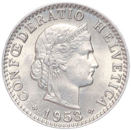 Монета 20 раппенов 1953 года Швейцария