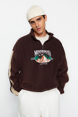 Kahverengi Unisex Oversize/Genis Kesim Dik Yaka Fermuar Anti-pilling Polar Sweatshirt TMNAW24SW00034