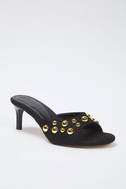 Trendyolmilla Shoes Siyah Alt?n Trok Tasl? Suet Kad?n Kitten Topuklu Terlik TAKSS25TO00099