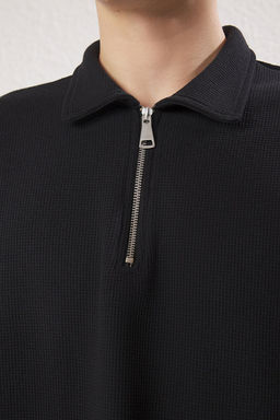 Siyah Oversize/Genis Kesim Dokulu Fermuarl? Polo Yaka T-shirt