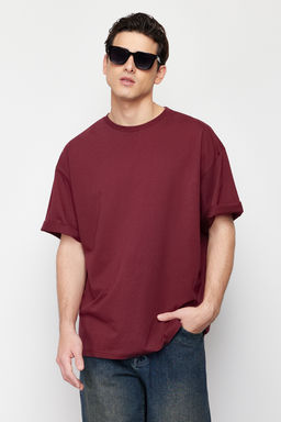 Bordo Oversize/Genis Kesim Basic %100 Pamuklu T-Shirt TMNSS22TS0318