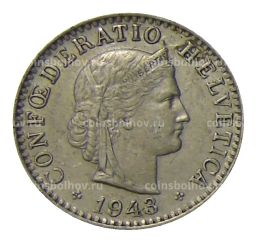 Монета 20 раппенов 1943 года Швейцария