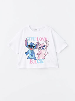 Bisiklet Yaka Lilo ve Stitch Bask?l? K?sa Kollu K?z ?ocuk Ti??rt