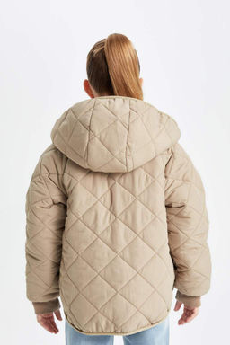 Плюшевое пальто с капюшоном и карманами на двусторонней молнии для девочек - Defacto фото 10