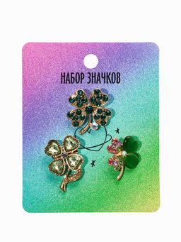 Броши "Клевер" (набор 3шт), цвет зелёный в золоте