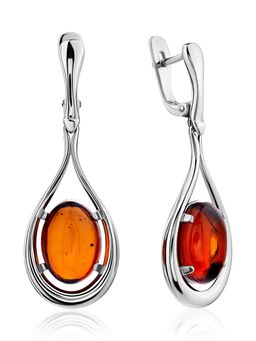 Удлинённые серьги с натуральным янтарём коньячного цвета Сонет