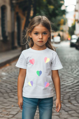 Beyaz K?z Cocuk %100 Pamuk Kalp Nak?sl? Regular/Normal Kal?p K?sa Kol Orme T-Shirt TKDSS24TS00005