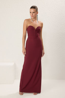 Bordo Straplez Dokuma Uzun S?k Abiye Gece Mezuiyet Elbisesi TPRSS25AE00098