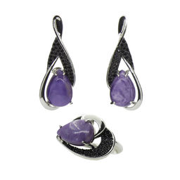 Комплект "Чара-15", чароит, покрытие родий, размеры кольца: 19