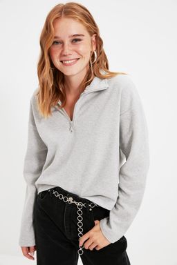 Gri Selanik/Triko Gorunumlu Fermuarl? Yaka Regular/Normal Kal?p Orme Sweatshirt TWOAW22SW0732