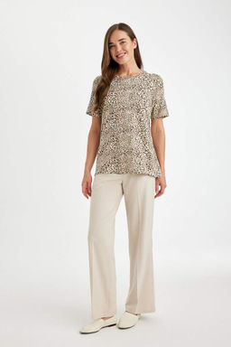 Футболка обычного кроя с круглым вырезом и леопардовым принтом с короткими рукавами - Defacto фото 2