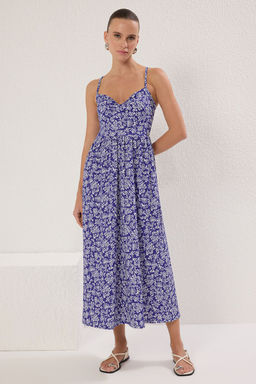 Mavi Cicek Bask?l? Ask?l? V Yaka Buzgulu Etegi Volanl? Fitilli Esnek Maxi Orme Elbise TWOSS25EL00239 - Trendyolmilla фото 6