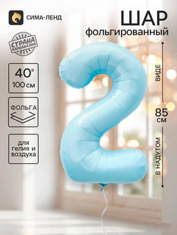 Цена за 2 шт. Воздушный шар фольгированный 40" «Цифра 2», небесно-голубой