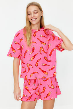 Pembe %100 Pamuklu Eglence Desenli Sortlu Orme Pijama Tak?m? THMSS24PT00002