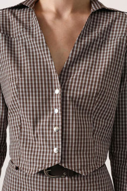 Kahverengi-Cok Renkli Mini Ekoseli Fitted Crop Gomlek TWOSS26GO00150 - Trendyolmilla фото 4