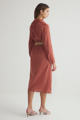 Camel Kemerli Cizgili Midi Dokuma Gomlek Elbise TWOSS25EL00063