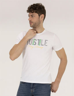 Beyaz Slim Fit Bask_l_ Bisiklet Yaka Ti__rt