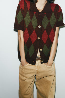 ARGYLE KNIT POLO CARDIGAN - Zara фото 3