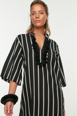 Siyah Cizgili Maxi Dokuma %100 Pamuk Puskullu Plaj Kimono&Kaftan TBESS20KM0024 - Trendyolmilla фото 3