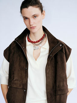 Dik Yaka Oversize Kad?n S?et G?r?n?ml? Yelek