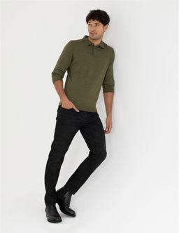 A__k Ye_il Regular Fit Polo Yaka Y_n Kar___ml_ Basic Triko Kazak