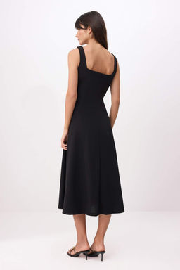 Siyah Belden Ac?lan Kare Yaka Kal?n Ask?l? Kolsuz Krep Orme Elbise TWOSS26EL00464