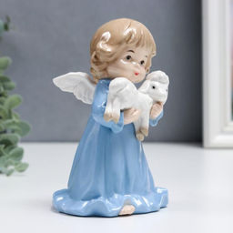 Фигурка керамика «Ангелочек в голубом платье, с барашком», 15 см