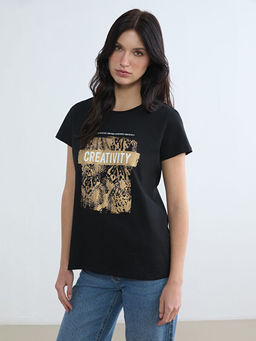 Bisiklet Yaka Bask?l? Kad?n Ti??rt