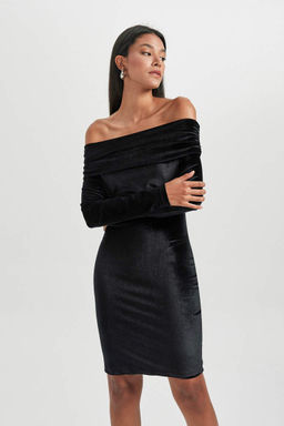 Черное велюровое мини-платье Bodycon с открытыми плечами и длинными рукавами - Defacto фото 2