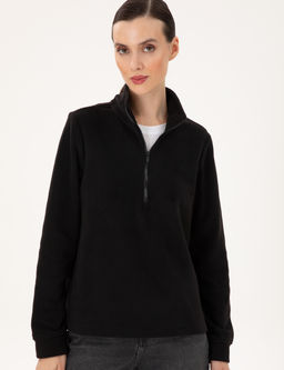 Siyah Comfort Fit Fermuarl_ Polar Sweatshirt