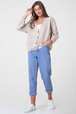 Джемпер вязаный оверсайз на пуговицах из хлопка бежевый меланж