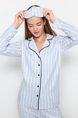 Mavi Cizgili Biye Detayl? Uyku Bantl? Polar K?sl?k Orme Pijama Tak?m? THMAW22PT0360