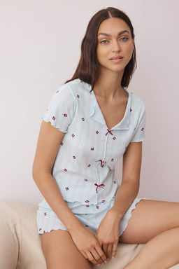 Trendyolmilla Beyaz %100 Pamuklu Cicekli Kurdele/Fiyonklu Fitilli Orme Pijama Tak?m? THMSS25PT00434
