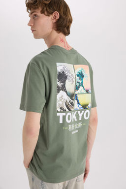 %100 Pamuk Art Hokusai Regular Fit Bisiklet Yaka S_rt Bask_l_ K_sa Kollu Ti__rt
