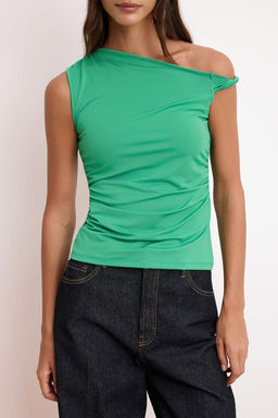 Trendyolmilla Kahverengi Asimetrik Yaka Buzgu/Drape Detayl? Fitted/Vucuda Oturan Orme Bluz TWOSS25BZ00279  фото 25