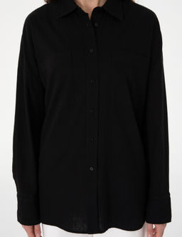 Siyah Oversize Keten Kar___ml_ Uzun Kollu G_mlek