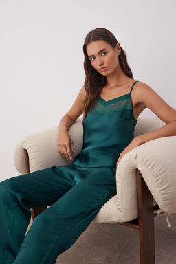 Cok Renkli Duz Dantel Detayl? Saten Dokuma Pijama Tak?m? THMAW26PT00008
