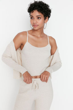 Bej Fitillli Bluz H?rka Pantolon Triko Alt-Ust Tak?m TWOAW22AU0006