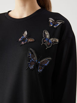 Bisiklet Yaka ??lemeli Oversize Kad?n Sweatshirt Tunik