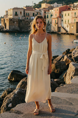 Bej Dokuma Buzgulu Maxi Plaj Elbise TBESS25EL00086