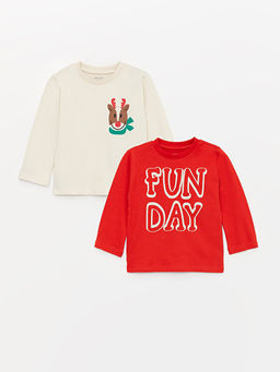 Bisiklet Yaka Uzun Kollu Bask?l? Erkek Bebek Ti??rt 2li