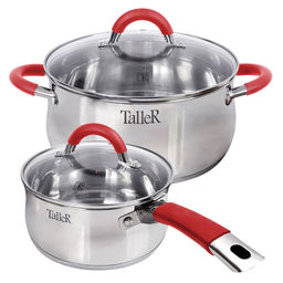 Набор посуды из нержавеющей стали Лортон 2 предмета: кастрюля 3,2л - д20см, h10,5см, ковш 1,5л - д16см, h8см, s0,5мм, дно s2,7мм, полировка зеркальная снаружи, зеркальная внутри, стеклянная жаропрочная крышка, стальной обод, пароотвод, ручки с из н