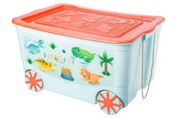 Ящик для игрушек 55 л 61*41*33 см KidsBox  Динозаврики светло-бирюзов с корал.крышк на кол.(449)